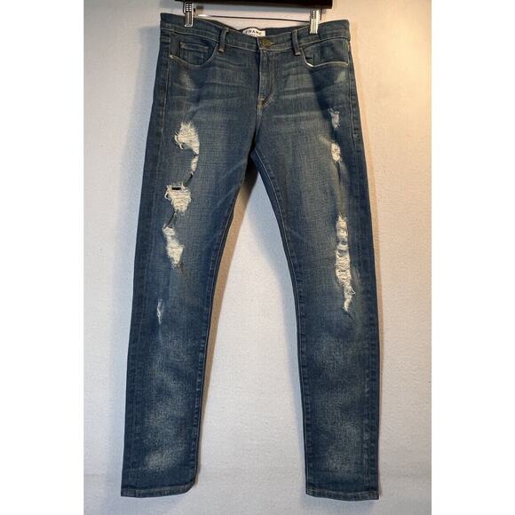 Frame Womens 30 Le Garcon Crop Denim Jeans Blue Distressed Mid Rise Straight - Picture 1 of 8